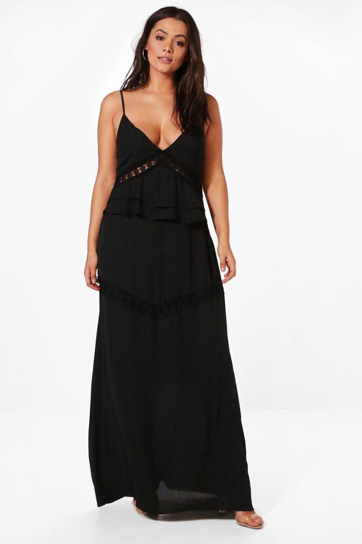 Boohoo Plus Haylie Trim And Ruffle Detail Maxi Dress Black