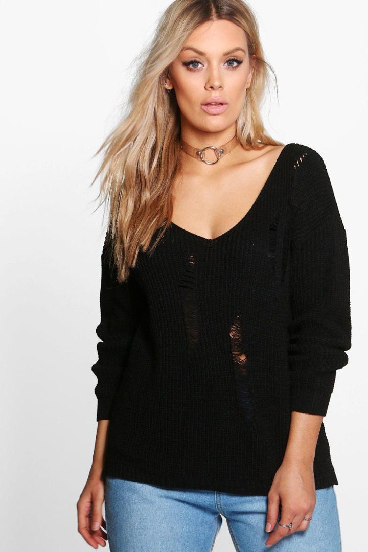 Boohoo Plus Kady Distressed V Neck Jumper Black