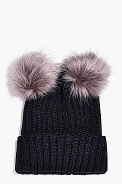 Boohoo Violet Double Faux Fur Pom Beanie Hat