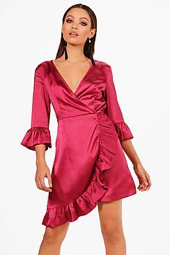 Boohoo Lizzie Satin Frill Deatil Wrap Dress