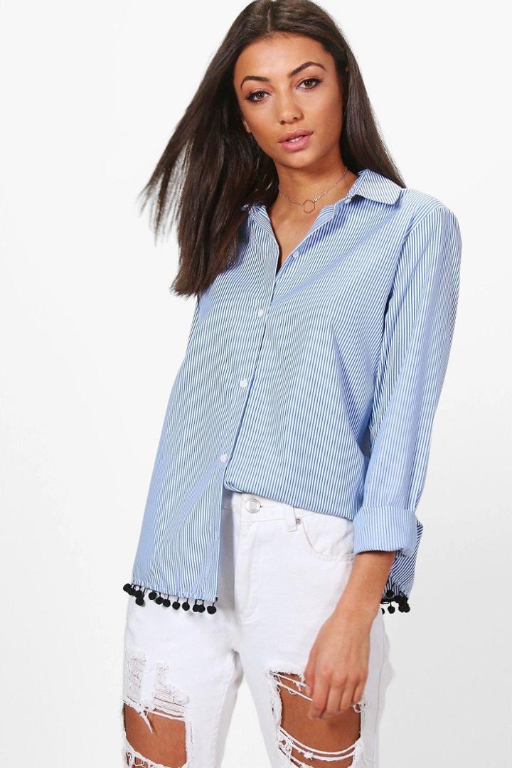 Boohoo Tall Talha Woven Stripe Pom Pom Hem Shirt Multi