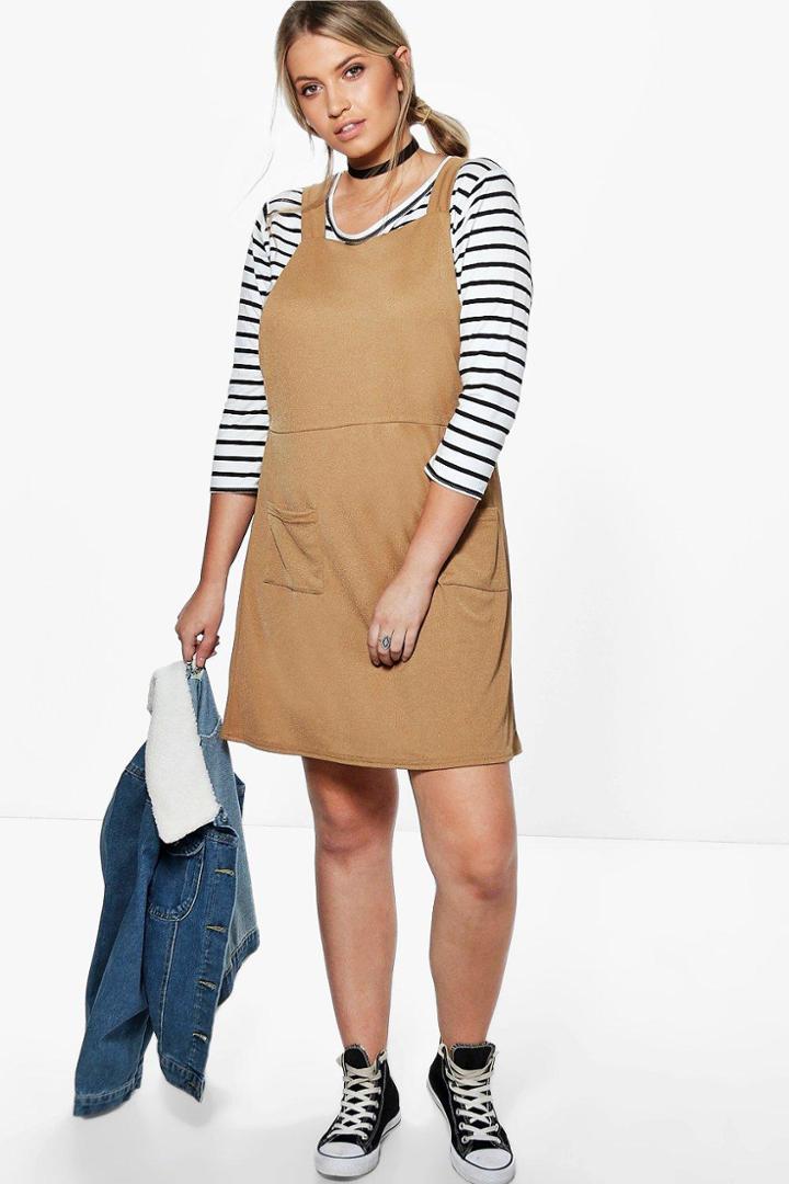 Boohoo Plus Mia Pinafore Dress Camel