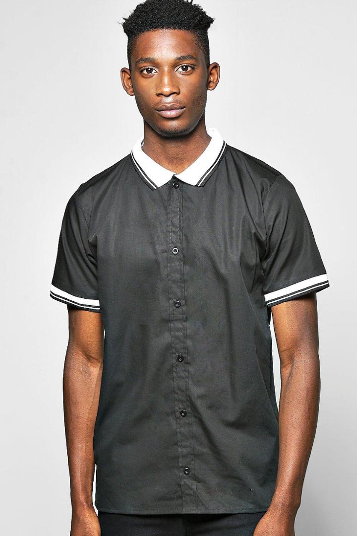 Boohoo Ribbed Collar Shirt Black