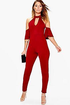 Boohoo Open Shoulder Skinny Leg Jumpsuit