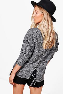 Boohoo Phoebe Marl Lace Up Back Jumper
