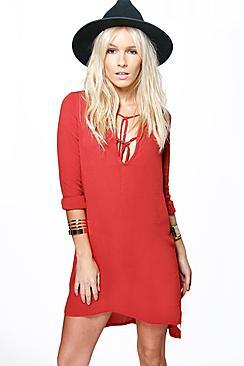 Boohoo Petite Jane Lace Up Detail Woven Smock Dress