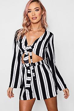 Boohoo Lydia Tie Front Flare Sleeve Striped Playsuit