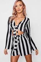 Boohoo Lydia Tie Front Flare Sleeve Striped Playsuit