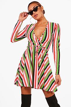 Boohoo Mia Colourful Stripe Skinny Tie Skater Dress