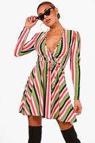 Boohoo Mia Colourful Stripe Skinny Tie Skater Dress