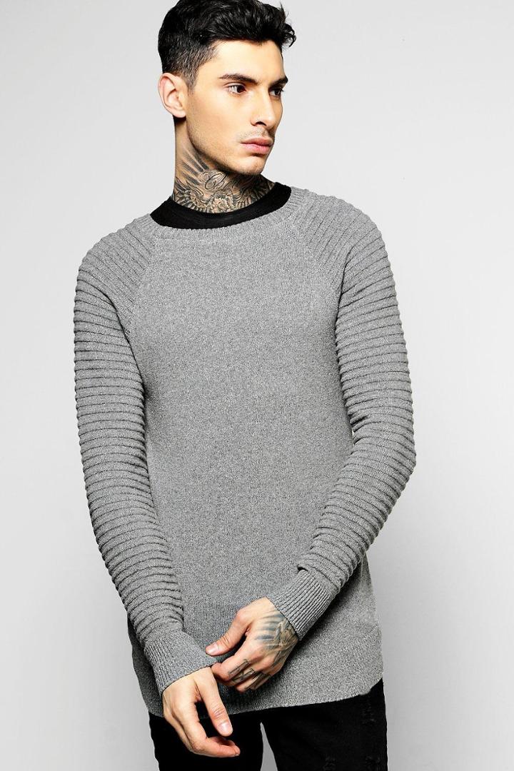 Boohoo Fine Gauge Crew Neck Jumper With Biker Detail Charcoal