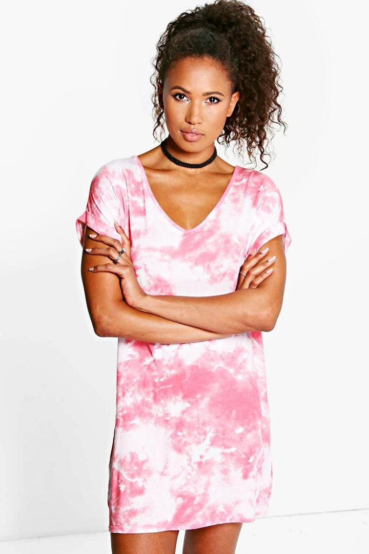 Boohoo Paris Tie Dye Turn Up T-shirt Dress Pink