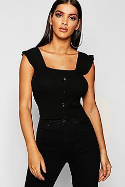 Boohoo Button Detail Square Neck Knitted Top
