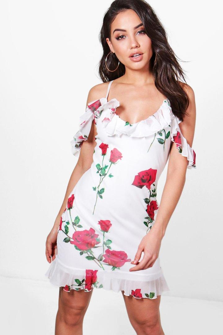 Boohoo Gaynor Floral Frill Mesh Bodycon Dress Ivory