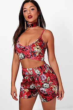Boohoo Cat Velvet Floral Crop Short And Choker Set