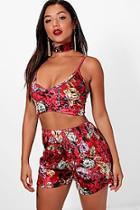 Boohoo Cat Velvet Floral Crop Short And Choker Set