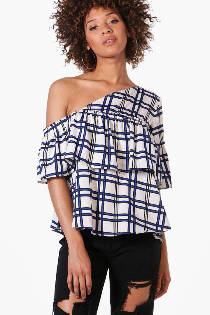 Boohoo Orla One Shoulder Frill Check Crop Top Multi