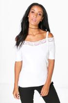 Boohoo Eva Lace Trim Cold Shoulder Top Ivory