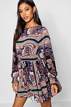 Boohoo Kat Shirred Waist Bohemian Skater Dress