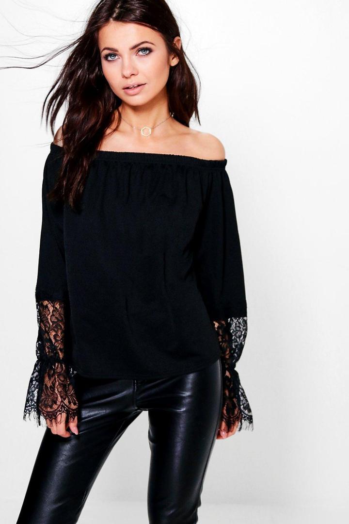 Boohoo Ivy Lace Choker Ruffle Sleeve Top Black