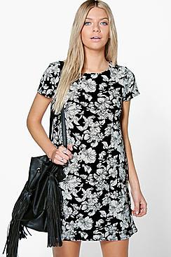 Boohoo Sandrina Mono Floral Shift Dress