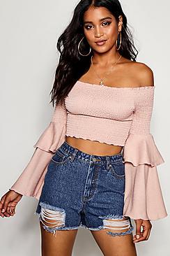 Boohoo Crinkle Shirred Flare Sleeve Crop