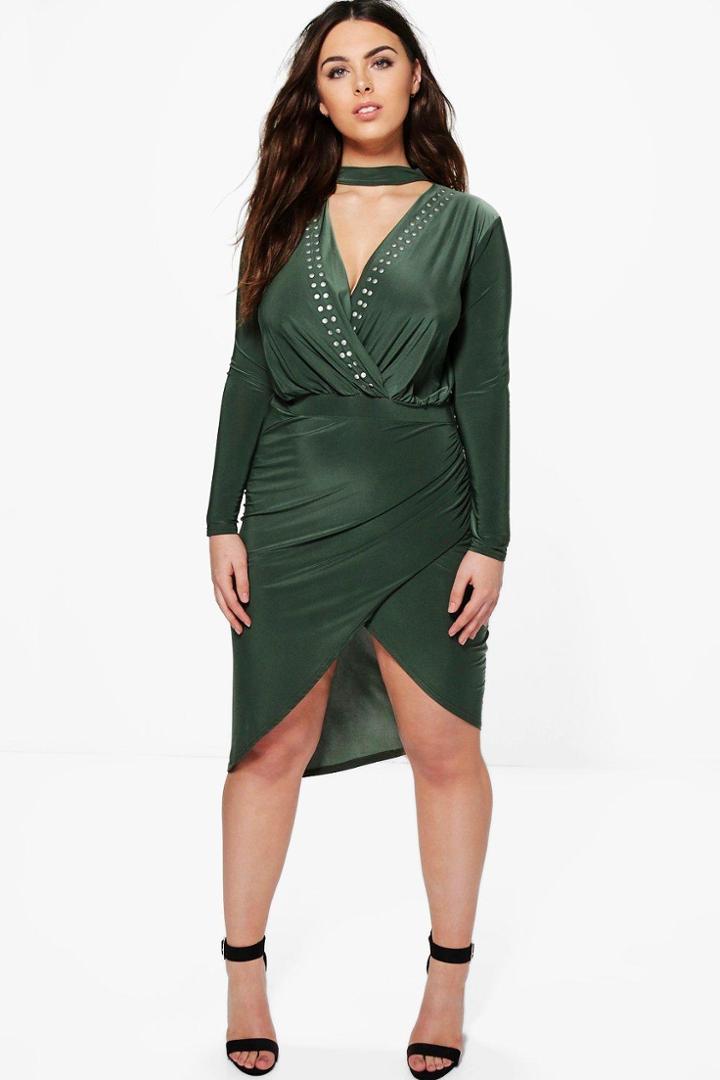 Boohoo Plus Lana Wrap Front Stud V Neck Midi Dress Khaki