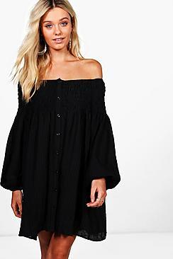 Boohoo Lily Off The Shoulder Crinkle Shift Dress