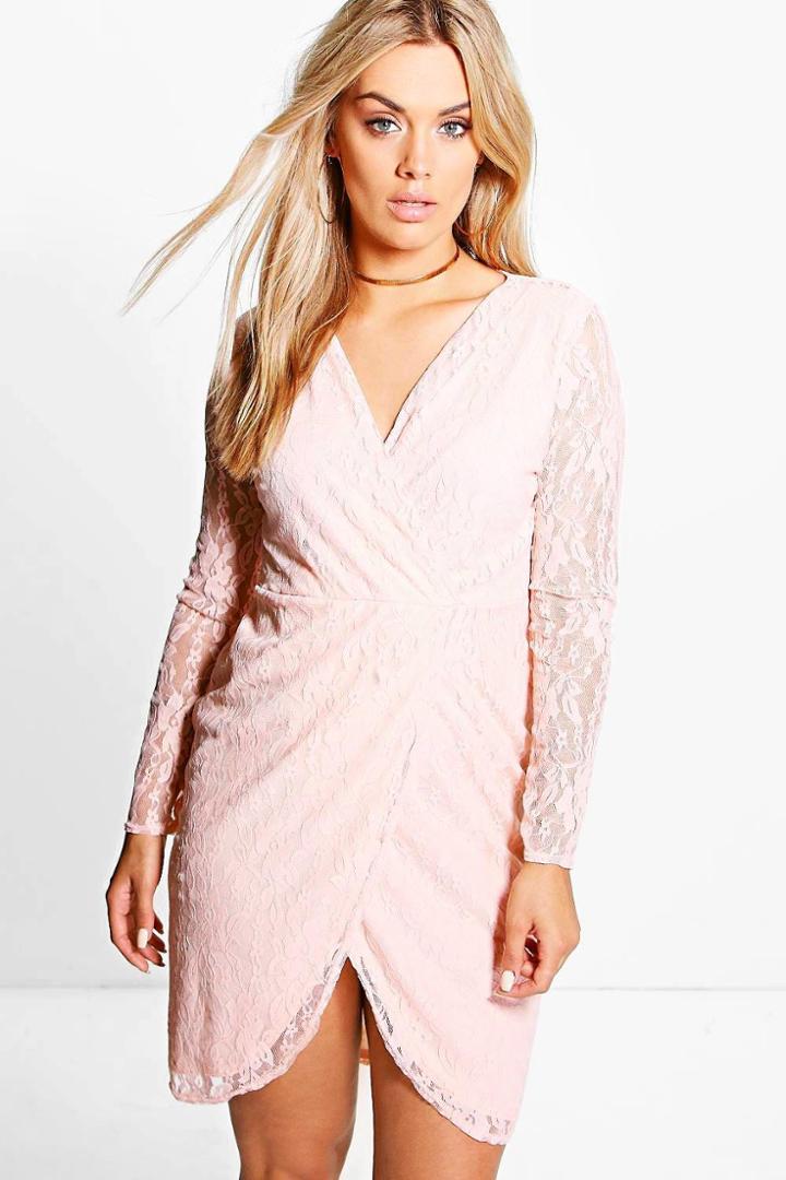 Boohoo Plus Alicia Lace Wrap Front Dress Nude