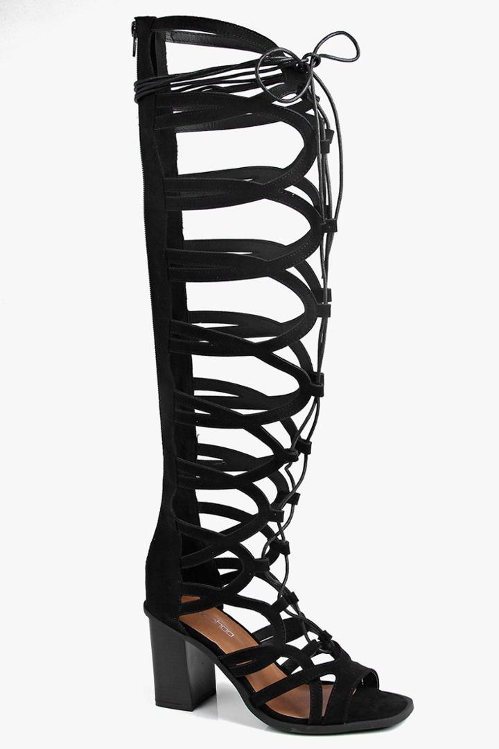Boohoo Eva Over The Knee Ghillie Block Heel Black