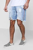 Boohoo Distressed Loose Fit Skater Denim Shorts With Piping