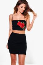 Boohoo Reeva Embroidered Crop & Mini Skirt Co-ord Black