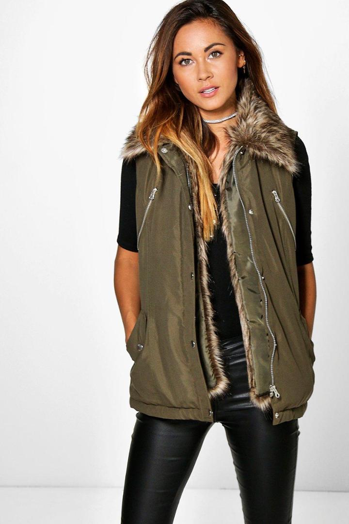 Boohoo Maria Detachable Faux Fur Trim Parka Gilet Khaki