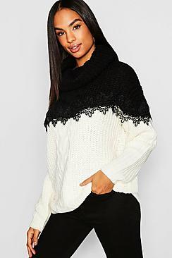 Boohoo Tall Lace Trim Colour Block Roll Neck Jumper