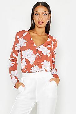 Boohoo Floral Printed Wrap Front Blouse