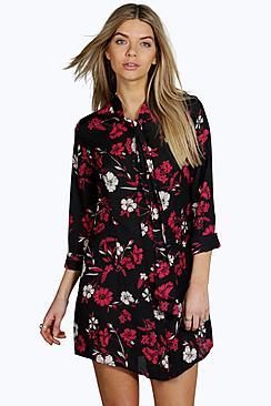 Boohoo Emilia Tie Neck Floral Shirt Dress