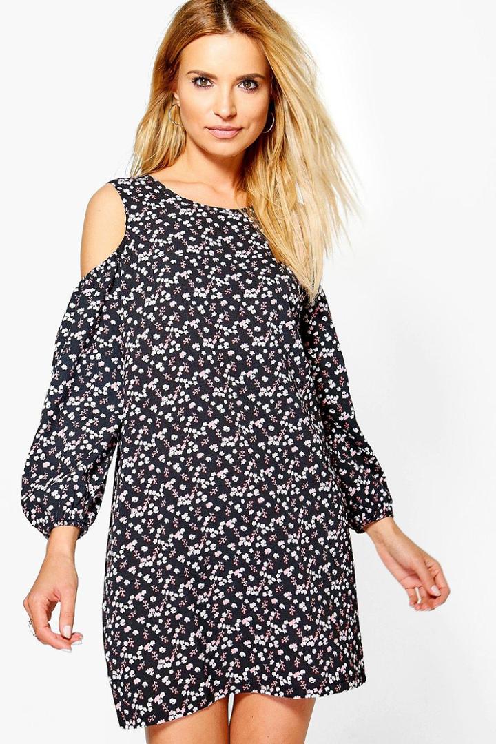 Boohoo Romona Floral Cold Shoulder Shift Dress Black