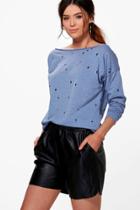 Boohoo Tall Torra Distressed Slash Neck Sweatshirt Blue