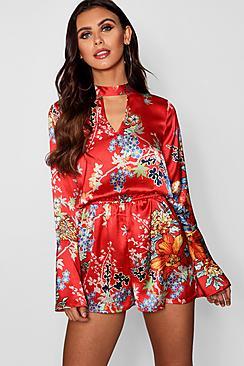 Boohoo Petite Wren Oriental Long Sleeve Playsuit