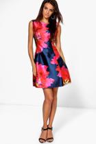 Boohoo Mai Floral Satin Skater Dress Red