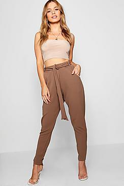 Boohoo Petite Tia Tie Waist Tapered Trousers
