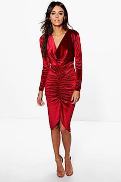 Boohoo Charly Cowl Neck Velvet Draped Midi Dress