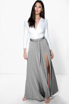 Boohoo Mila Obi Tie Split Front Full Maxi Skirt Grey