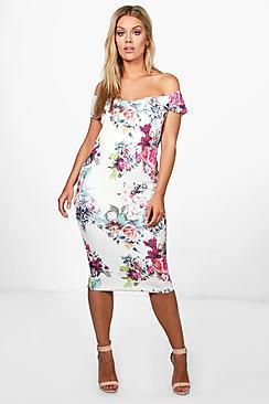 Boohoo Plus Julia Off The Shoulder Floral Printed Midi Dress