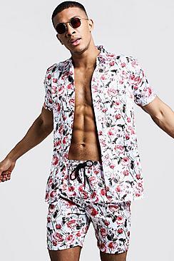 Boohoo Rose Print Shirt And Short Set