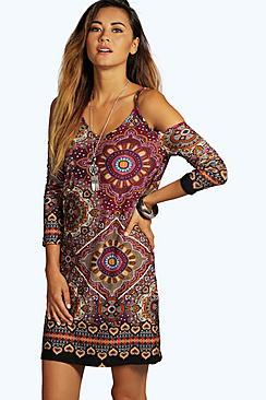 Boohoo Sanna Cold Shoulder Tile Print Dress