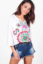 Boohoo Imogen Boutique Bright Embroidered Smock Top White