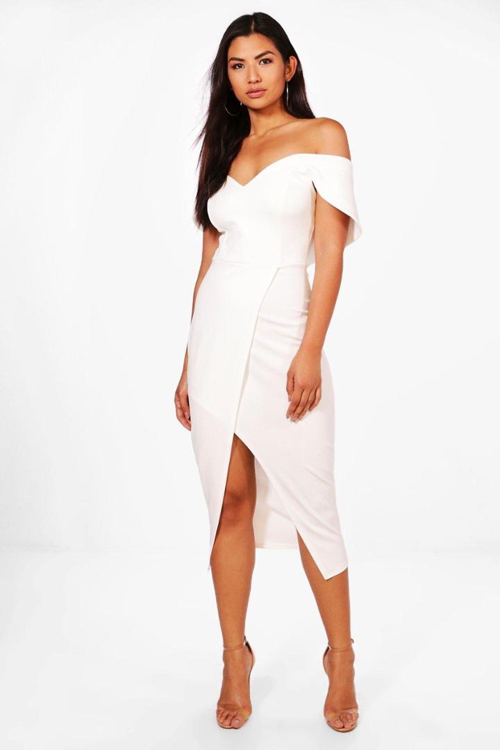 Boohoo May Off Shoulder Wrap Skirt Midi Dress Ivory