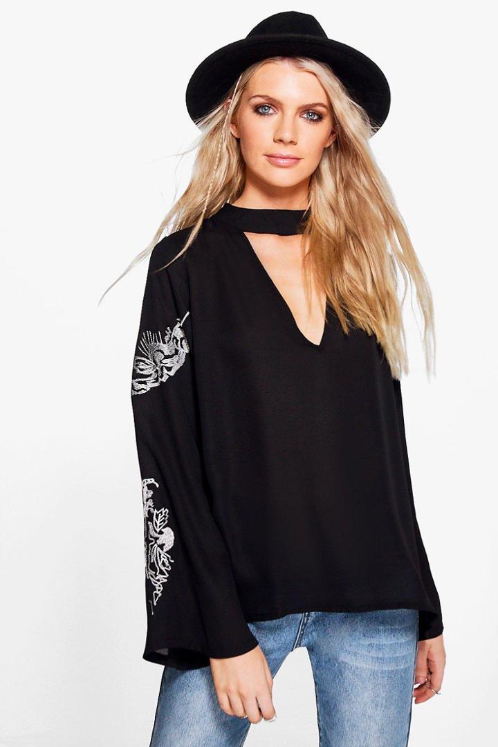 Boohoo Bronte Embroidered Sleeve Choker Blouse Black