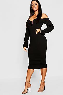 Boohoo Off The Shoulder Tortoise Shell Buckle Midi Dress